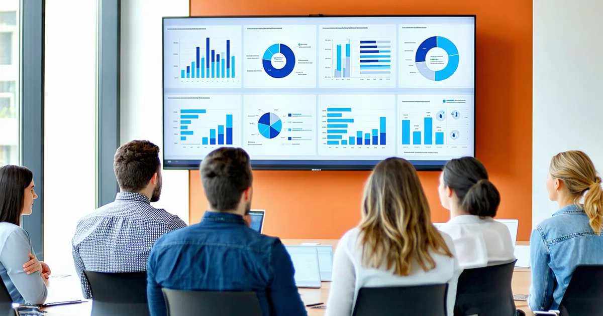 Business team watching a QBR presentation on a large screen in a modern conference room