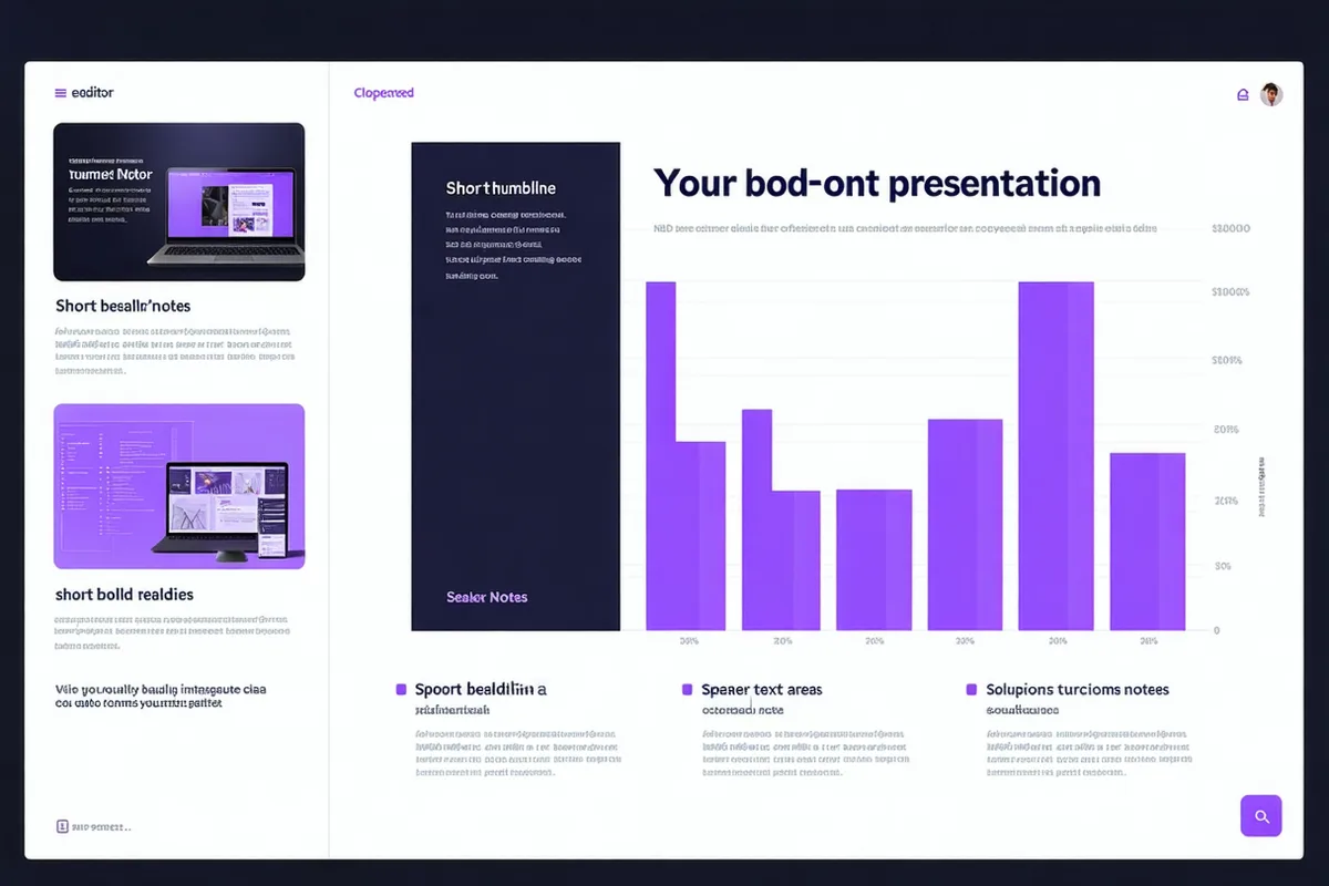 Deckhalo slide deck editor showing three slides with bar chart, clear one-sentence heading, and speaker notes panel